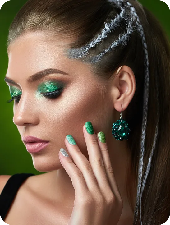 Woman side view face with green eyelash and nail polish